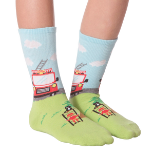 Another lifestyle shot of Fireman socks on feet, showcasing the sock's fit and design.