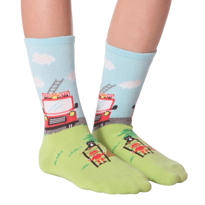 Another lifestyle shot of Fireman socks on feet, showcasing the sock's fit and design.