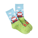 Pair of crew socks; light blue with clouds and red firetruck, lime green with firefighter and tree. Playful design.