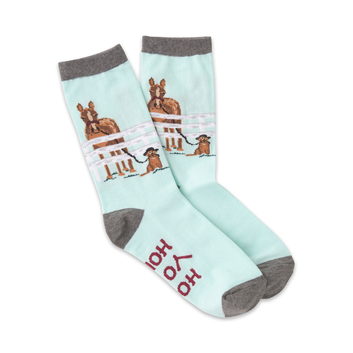 Pair of pastel blue crew socks featuring horses in a fence and a small dog. Gray cuffs and 'Hold Your Horses' text on the sole.