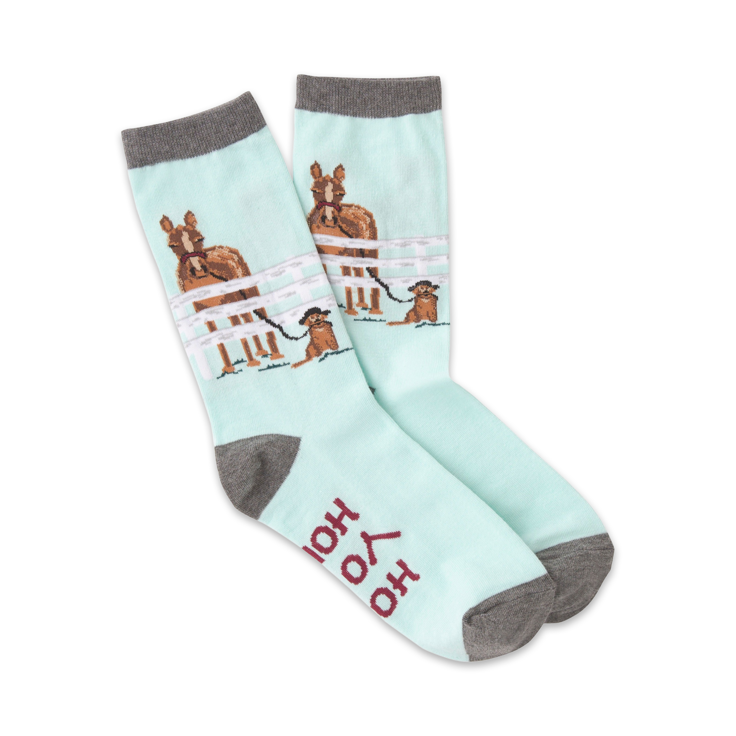 Pair of pastel blue crew socks featuring horses in a fence and a small dog. Gray cuffs and 'Hold Your Horses' text on the sole.