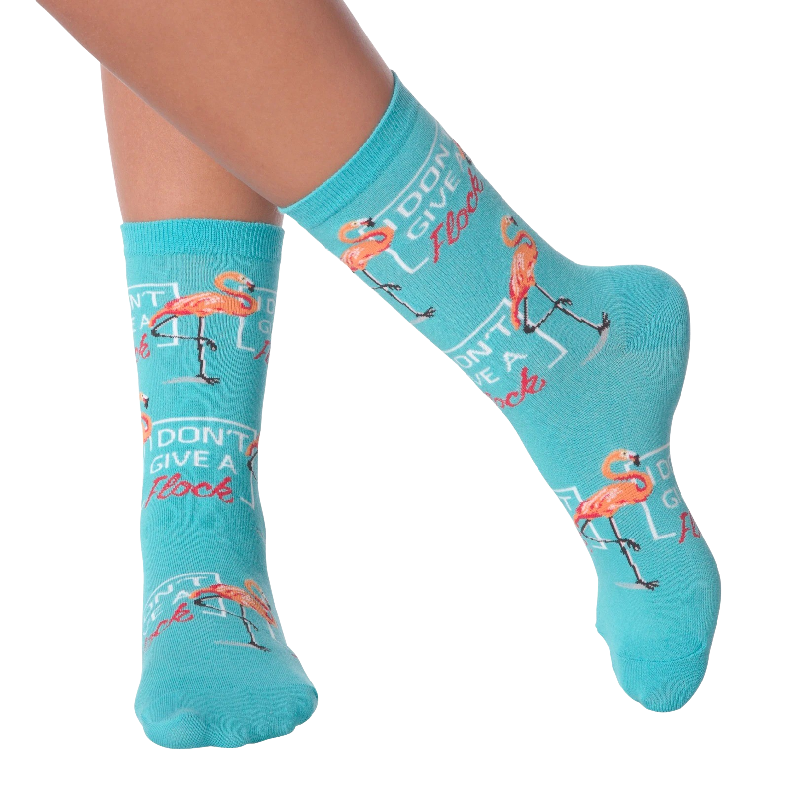 Lifestyle shot of model wearing 'I Don't Give a Flock' flamingo socks.