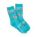 Pair of teal crew socks featuring pink flamingos and the phrase 'I Don't Give a Flock'.