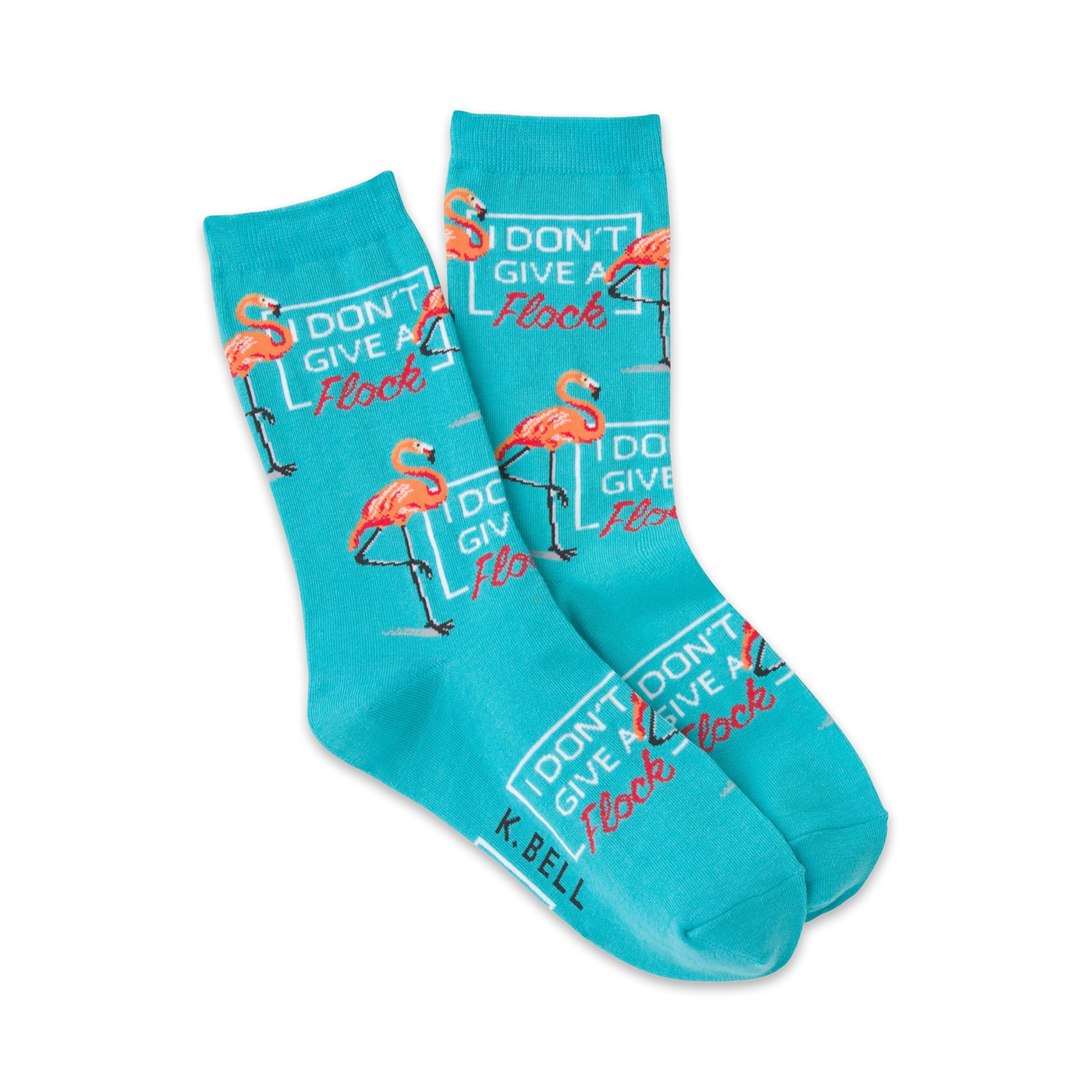 Pair of teal crew socks featuring pink flamingos and the phrase 'I Don't Give a Flock'.