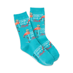 Pair of teal crew socks featuring pink flamingos and the phrase 'I Don't Give a Flock'.