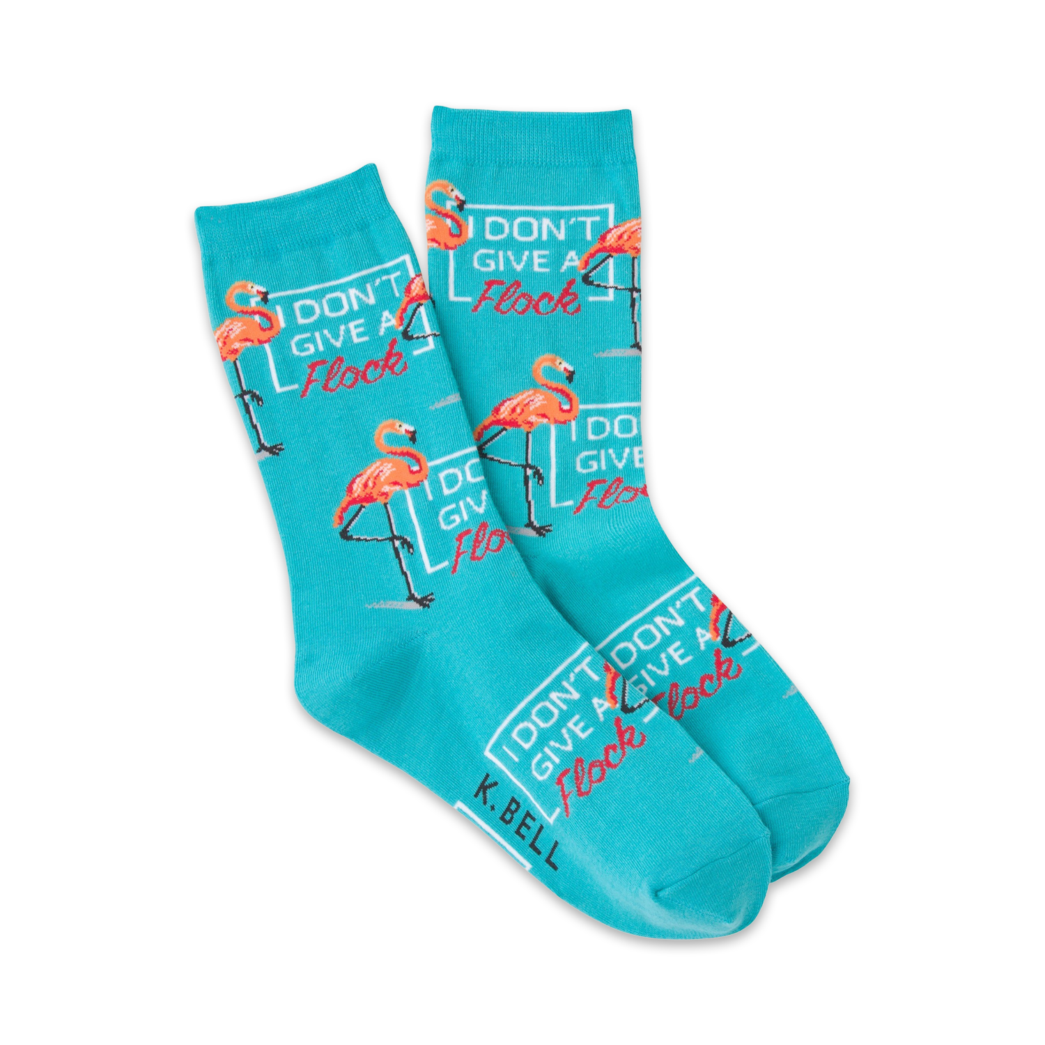 Pair of teal crew socks featuring pink flamingos and the phrase 'I Don't Give a Flock'.