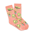 Pair of peach-colored crew socks with illustrated avocados and small potted avocado plants. 