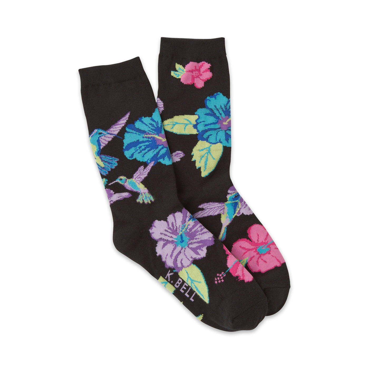 A pair of crew socks in black with a fun print of colorful hummingbirds and hibiscus flowers. 