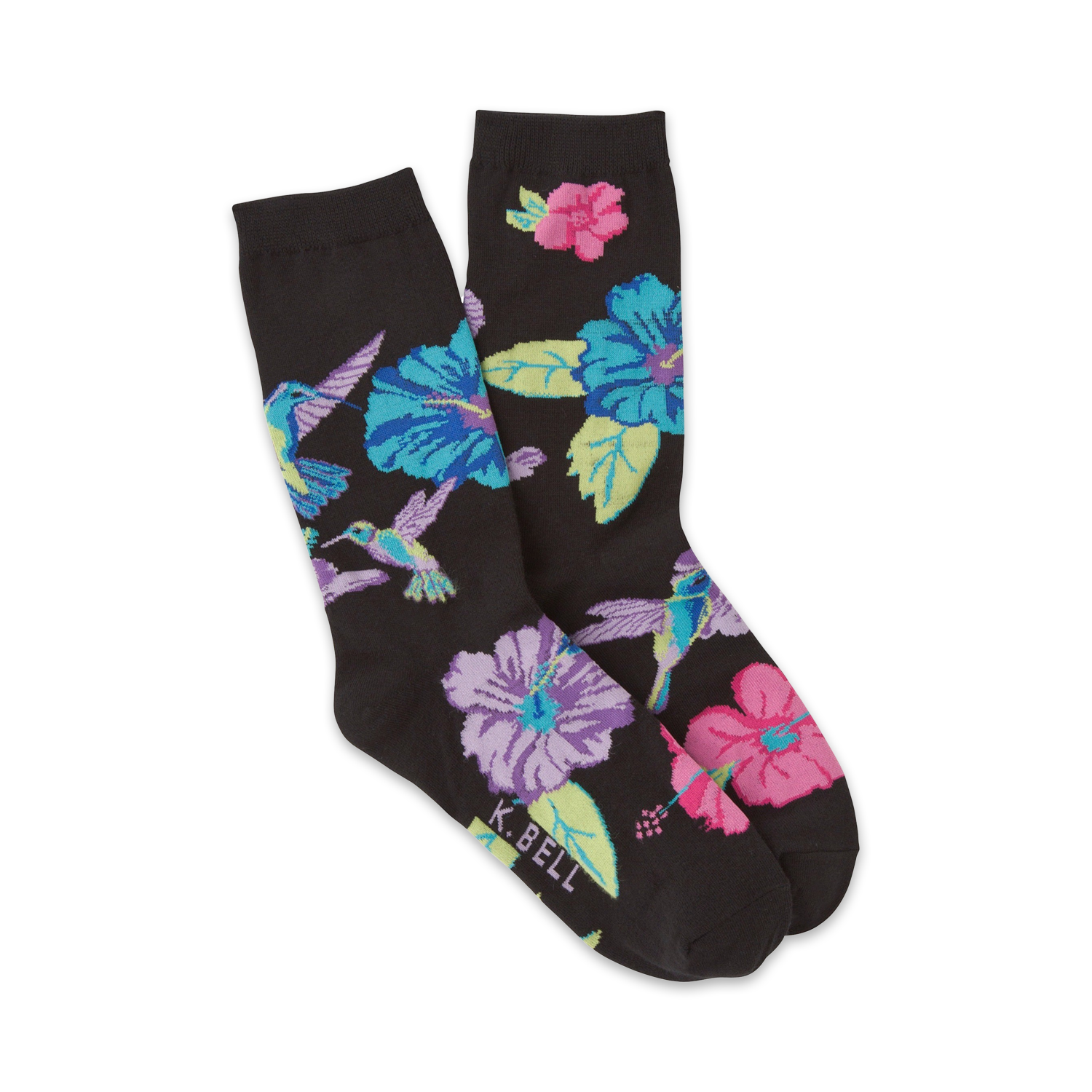 A pair of crew socks in black with a fun print of colorful hummingbirds and hibiscus flowers. 