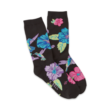 black crew socks for women featuring a pattern of hummingbirds and hibiscus flowers.  