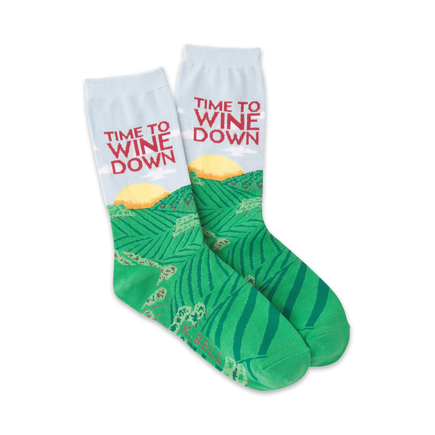 Pair of crew socks. Light blue, green, and red.  'Time To Wine Down' text and vineyard illustration.