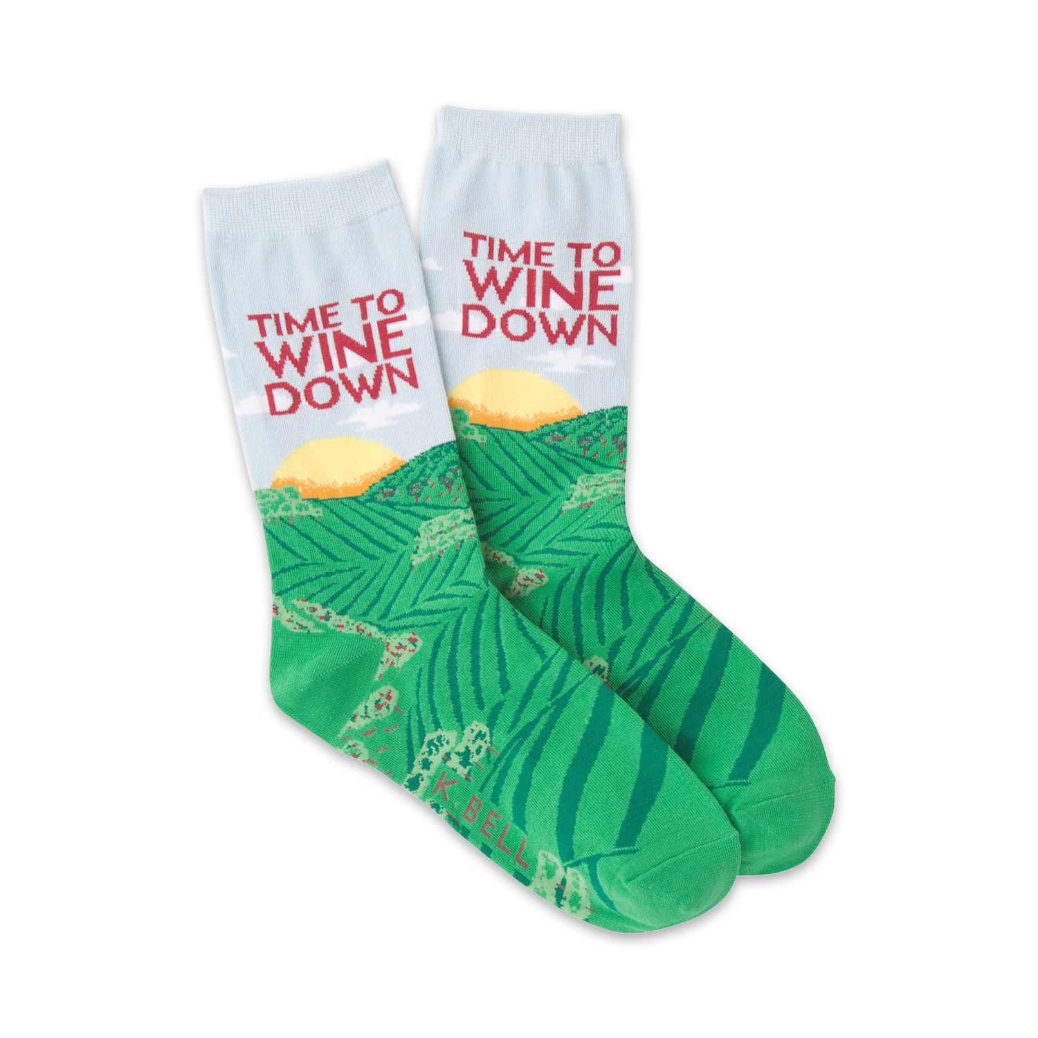 Pair of crew socks. Light blue, green, and red.  'Time To Wine Down' text and vineyard illustration.
