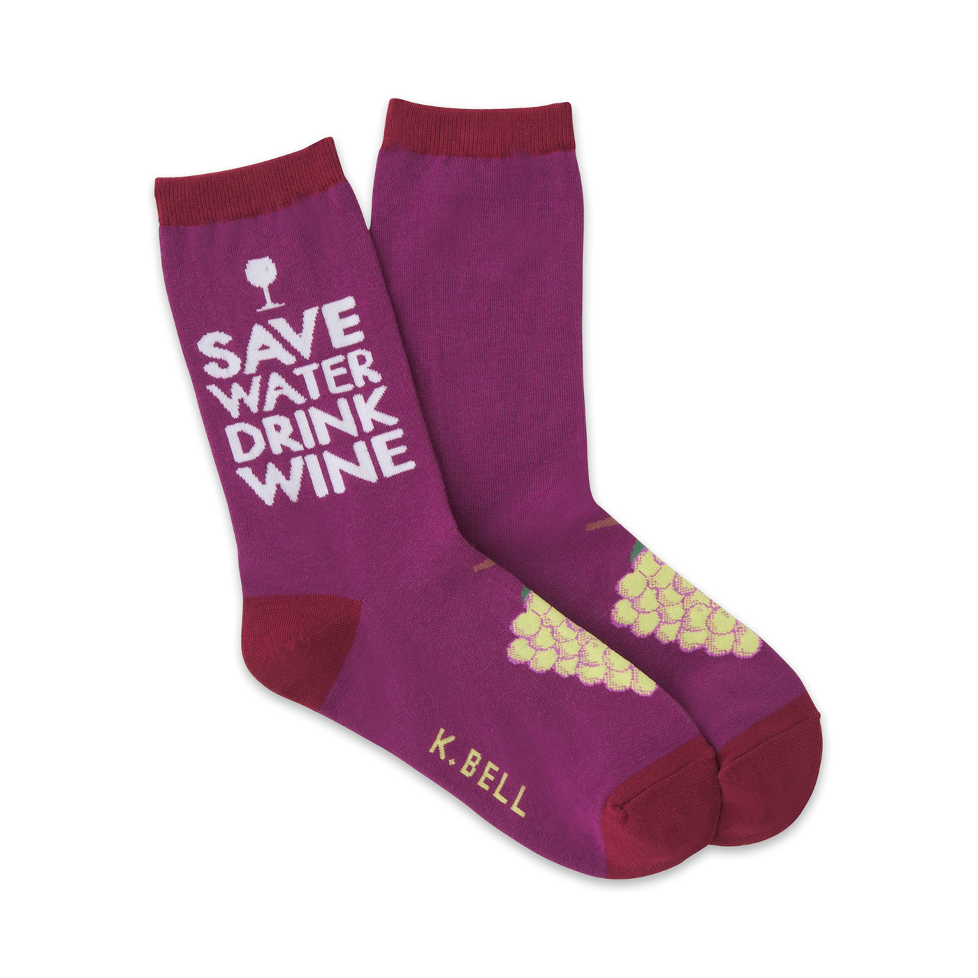 A pair of women's crew socks in deep purple.  They feature a 'Save Water Drink Wine' graphic and a small bunch of yellow-green grapes.