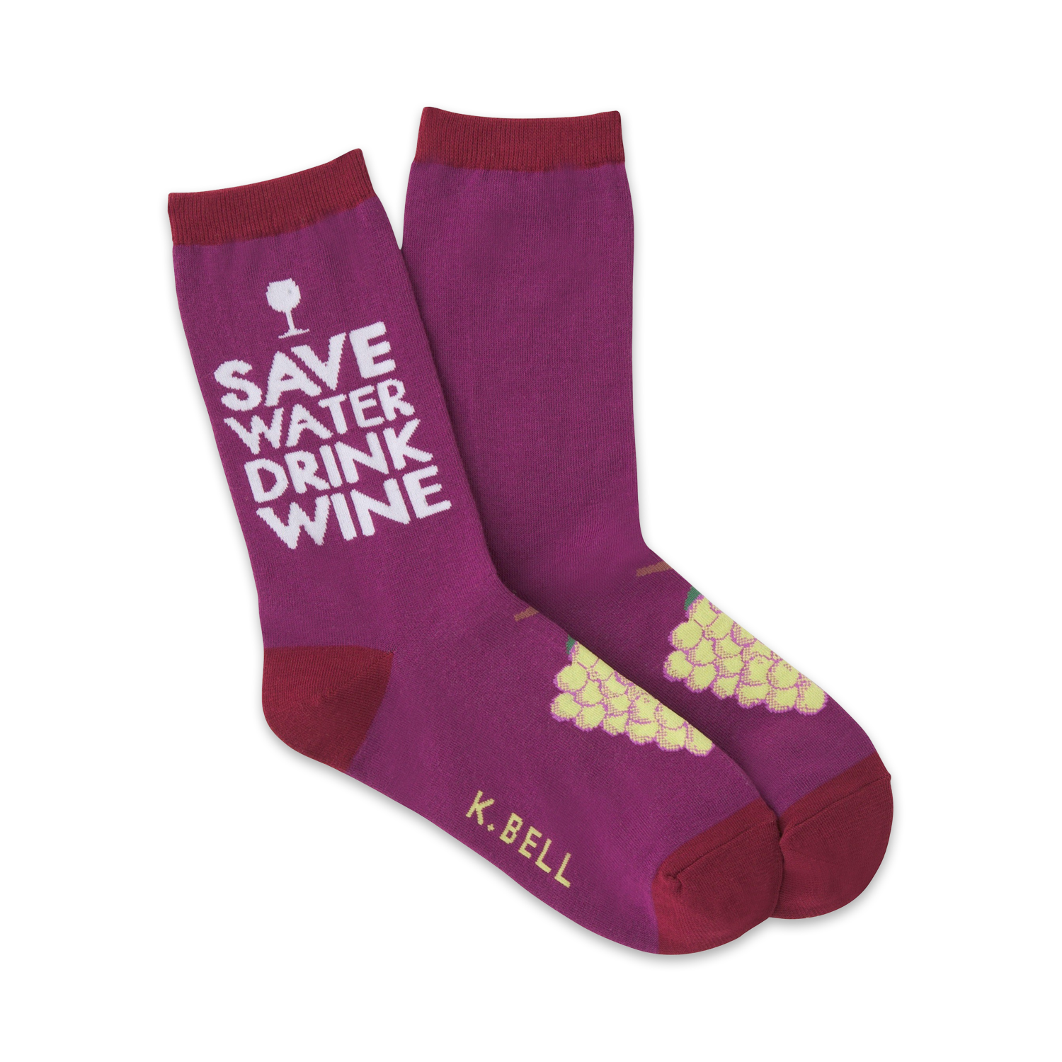 A pair of women's crew socks in deep purple.  They feature a 'Save Water Drink Wine' graphic and a small bunch of yellow-green grapes.