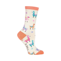 Side view of a single cream crew sock with coral pink cuff and pastel llama design on a black background.