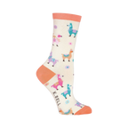 Side view of a single cream crew sock with coral pink cuff and pastel llama design on a black background.