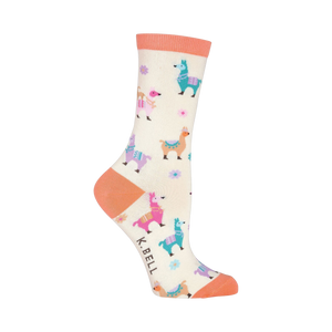 Side view of a single cream crew sock with coral pink cuff and pastel llama design on a black background.