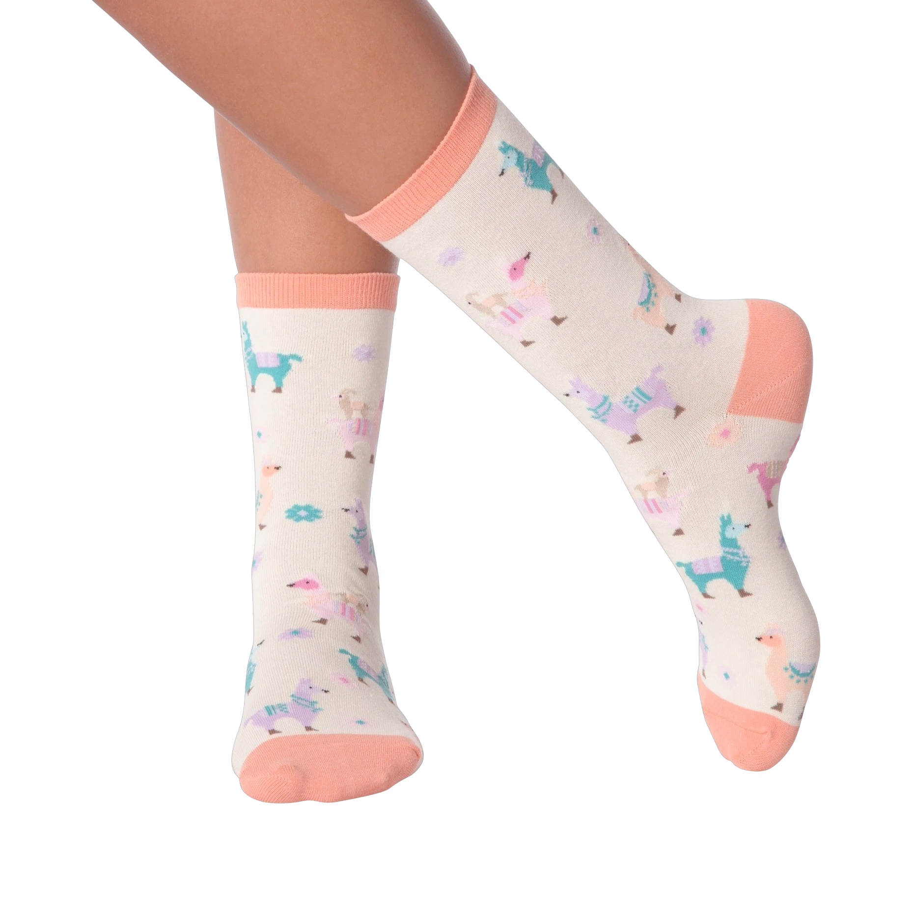 Lifestyle shot showing a person's legs wearing the pastel llama socks.