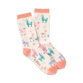 Cream crew socks with a fun pastel llama pattern and coral-pink cuffs.  The llamas are in teal, pink, and purple.