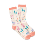 Cream crew socks with a fun pastel llama pattern and coral-pink cuffs.  The llamas are in teal, pink, and purple.