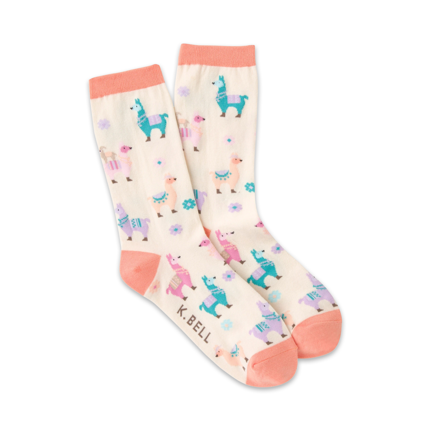Cream crew socks with a fun pastel llama pattern and coral-pink cuffs.  The llamas are in teal, pink, and purple.