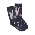 Pair of navy blue crew socks with a whimsical design. Features a white cat's rear and the text 'Talk to the tail' in pink, plus small paw prints.