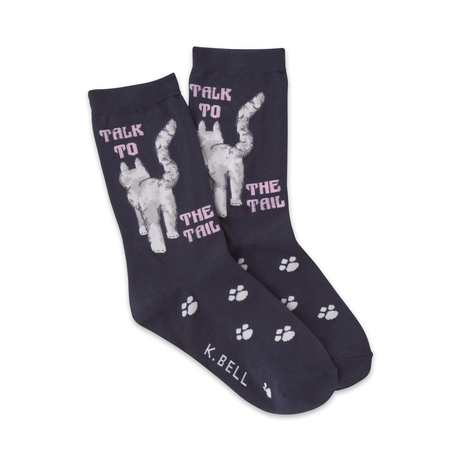 Pair of navy blue crew socks with a whimsical design. Features a white cat's rear and the text 'Talk to the tail' in pink, plus small paw prints.