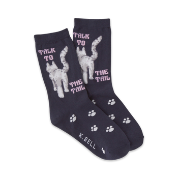 dark blue socks with light blue toes and heels. cat paw print pattern. "talk to the tail" slogan in pink.  