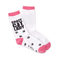 A pair of women's crew socks in white with pink cuffs.  The socks are adorned with black paw prints and the text 'Crazy Cat Lady'.
