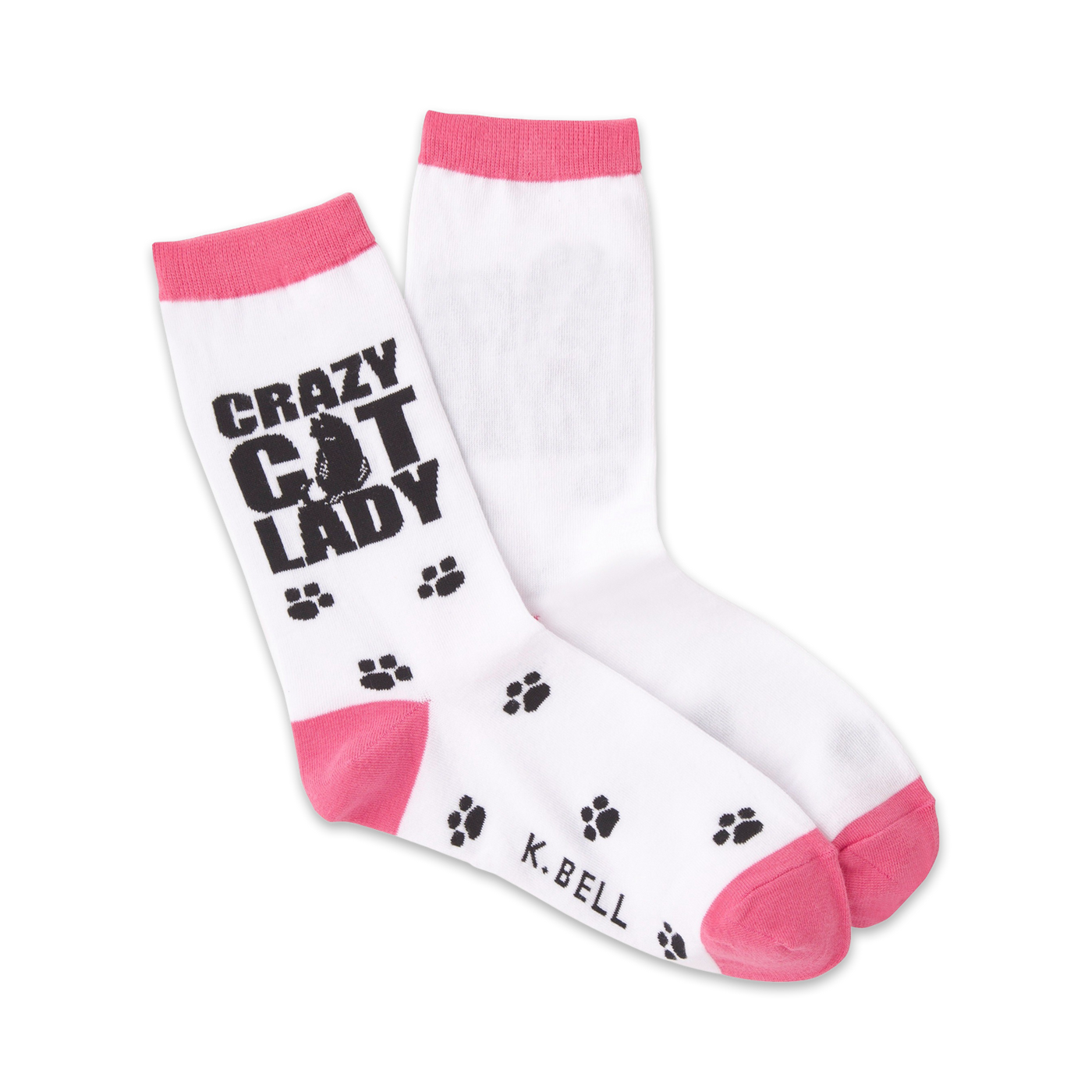 A pair of women's crew socks in white with pink cuffs.  The socks are adorned with black paw prints and the text 'Crazy Cat Lady'.
