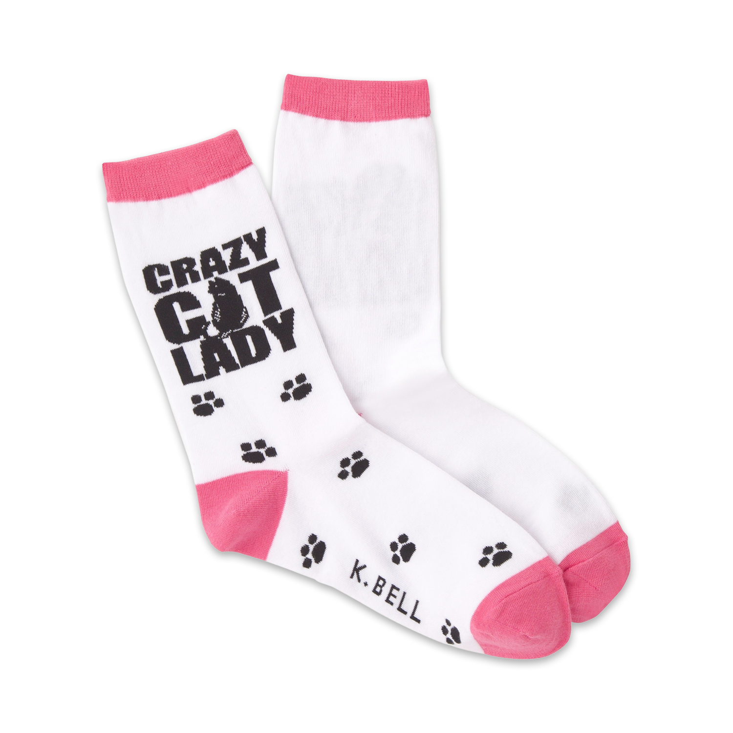 A pair of women's crew socks in white with pink cuffs.  The socks are adorned with black paw prints and the text 'Crazy Cat Lady'.