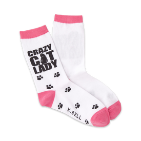 white, crew length socks for women with the words "crazy cat lady" and paw print graphic; pink toes and heels.  
