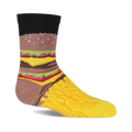 One crew sock featuring a burger design on the leg with layered ingredients and golden french fries on the foot.