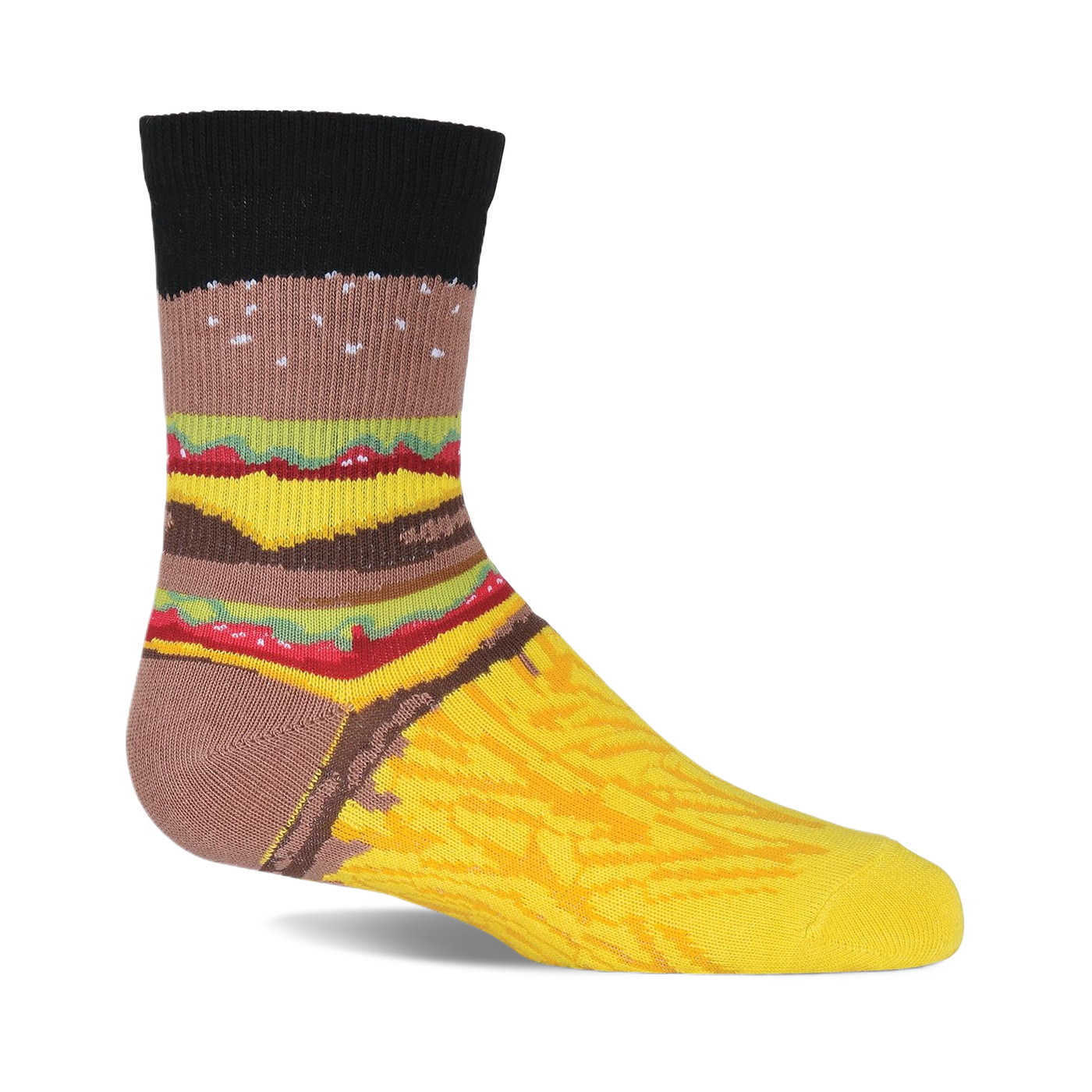 One crew sock featuring a burger design on the leg with layered ingredients and golden french fries on the foot.