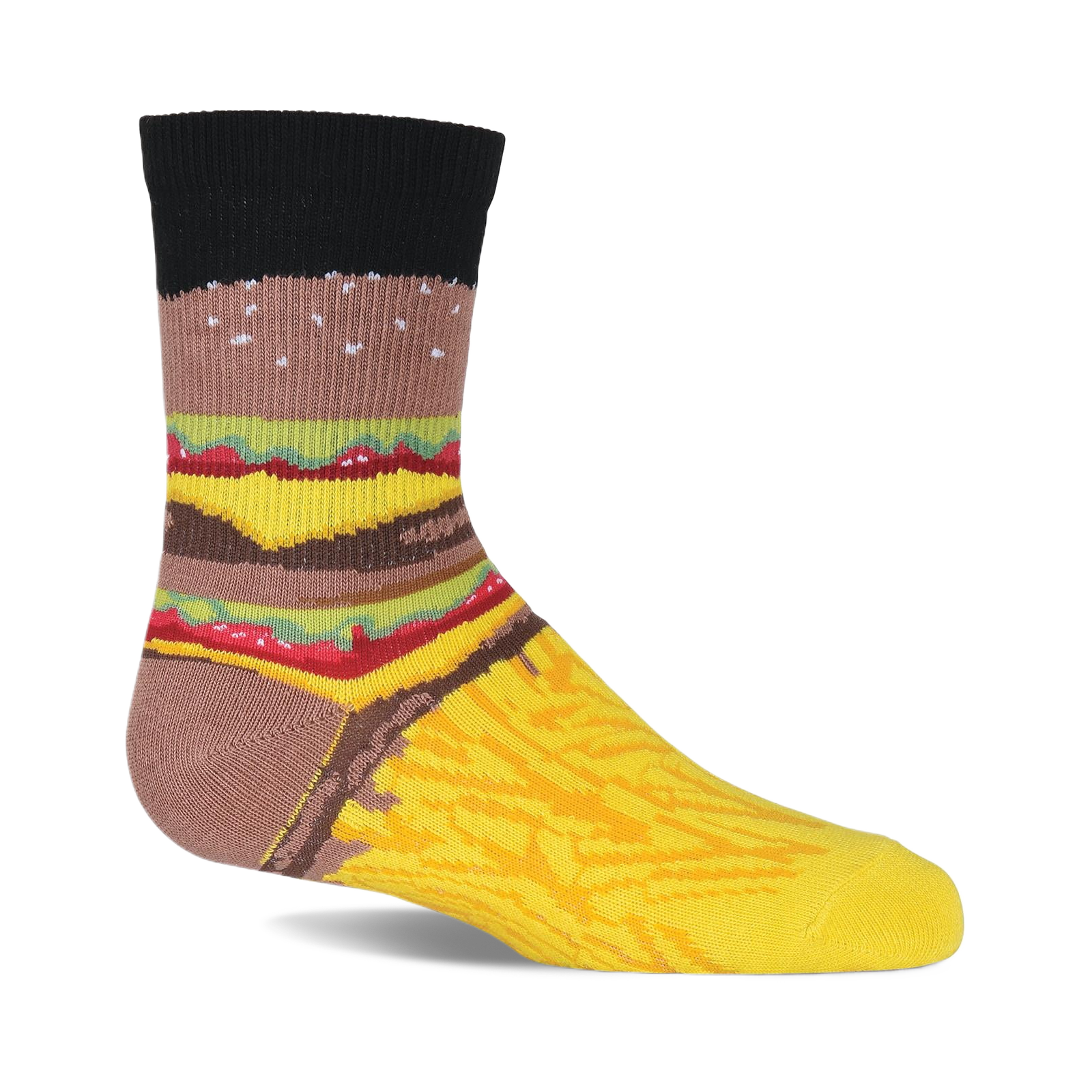 One crew sock featuring a burger design on the leg with layered ingredients and golden french fries on the foot.