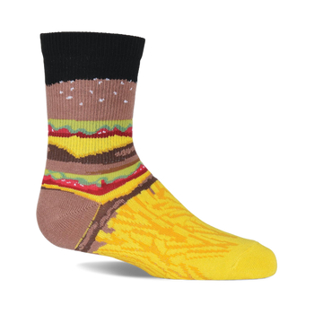 One crew sock featuring a burger design on the leg with layered ingredients and golden french fries on the foot.