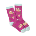 A pair of pink crew socks with a pattern of sloths hanging from branches.  The socks have light teal cuffs.