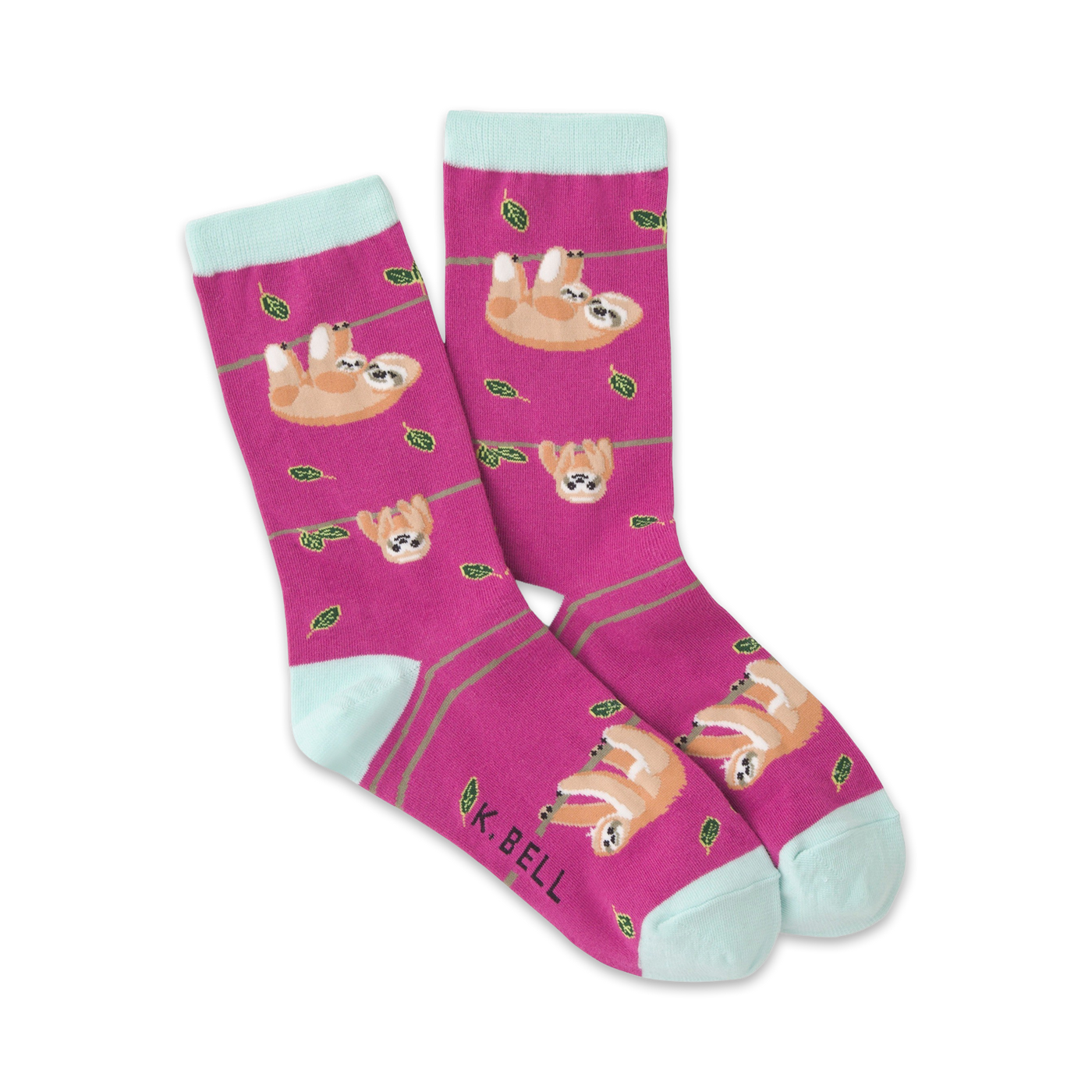 A pair of pink crew socks with a pattern of sloths hanging from branches.  The socks have light teal cuffs.