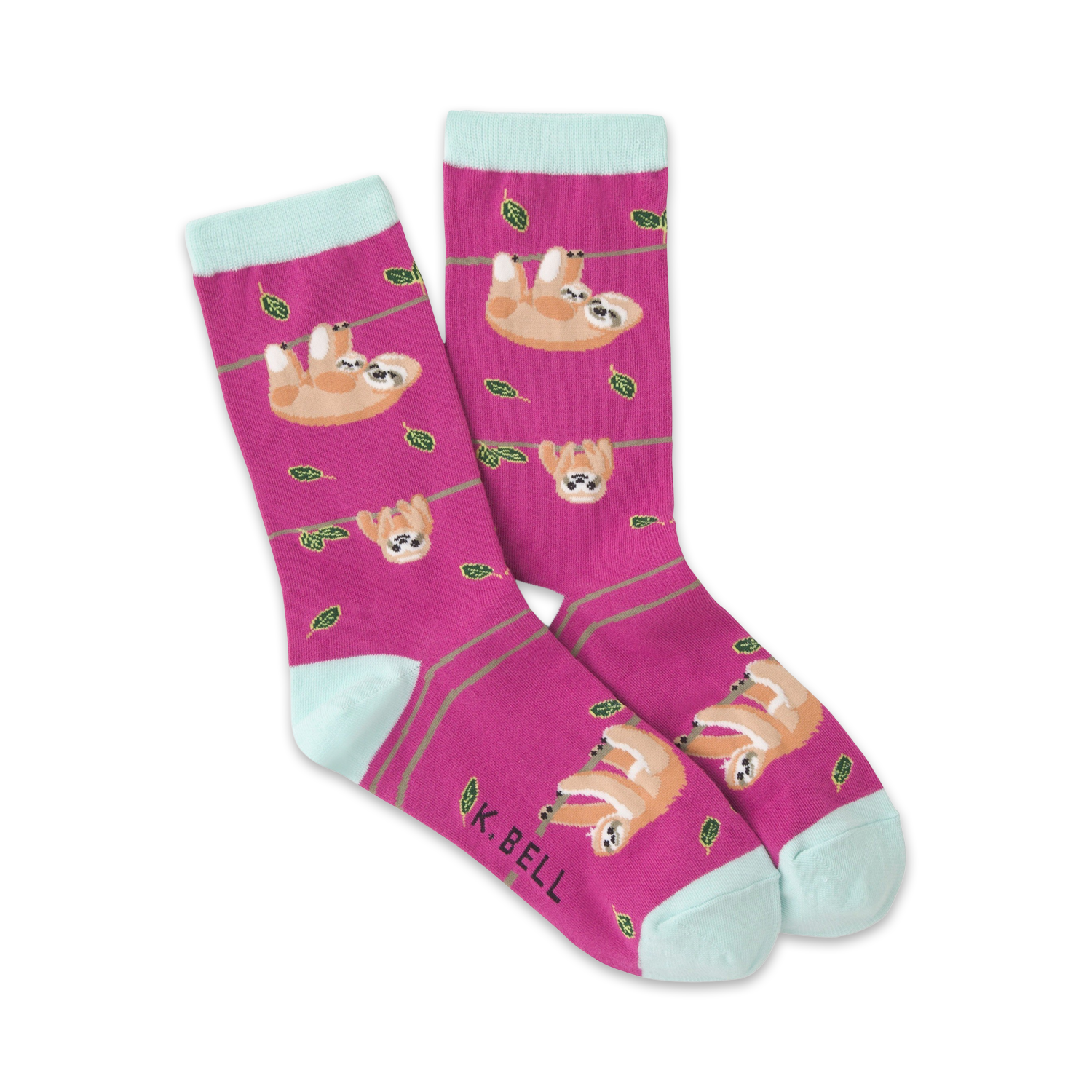A pair of pink crew socks with a pattern of sloths hanging from branches.  The socks have light teal cuffs.