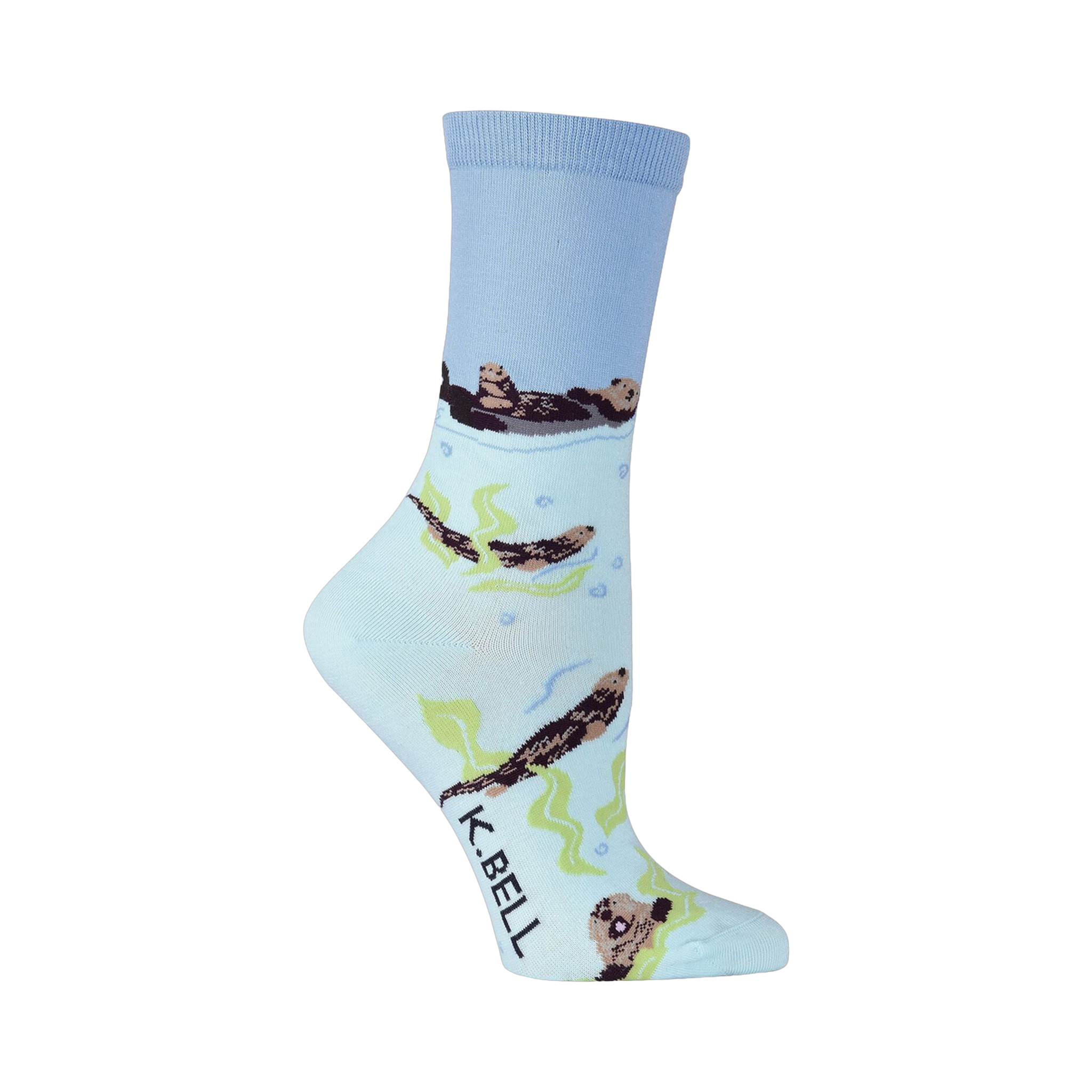 Crew socks in light blue, featuring otters swimming amongst kelp and bubbles.  A playful and charming design.