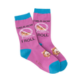 Crew socks in purple and teal, featuring a hamster design and the phrase 'This Is How I Roll'.