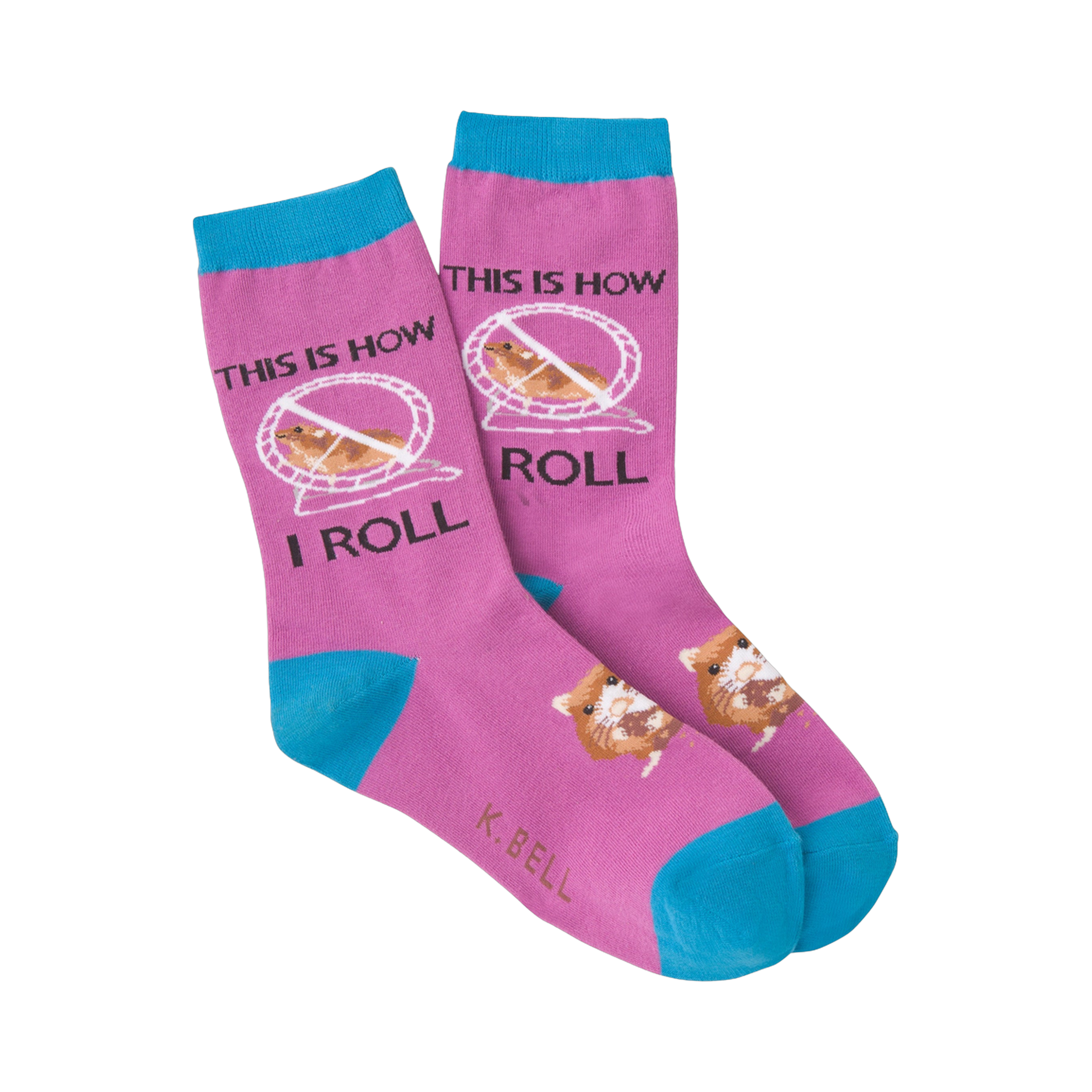 Crew socks in purple and teal, featuring a hamster design and the phrase 'This Is How I Roll'.