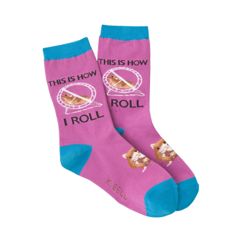 Crew socks in purple and teal, featuring a hamster design and the phrase 'This Is How I Roll'.