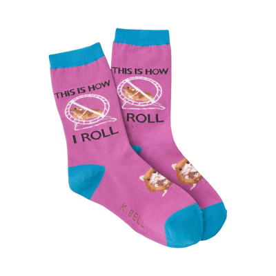 Crew socks in purple and teal, featuring a hamster design and the phrase 'This Is How I Roll'.