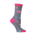 Grey crew socks with pink accents, colorful paw prints, and 'I love my mutt' text.  A fun and comfortable sock for dog lovers!
