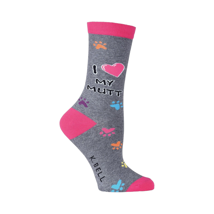 Grey crew socks with pink accents, colorful paw prints, and 'I love my mutt' text.  A fun and comfortable sock for dog lovers! }}