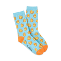 A pair of light blue crew socks with a repeating pattern of yellow rubber ducks.  The socks have orange cuffs.