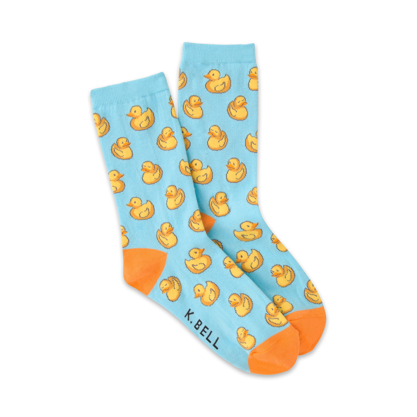 A pair of light blue crew socks with a repeating pattern of yellow rubber ducks.  The socks have orange cuffs.