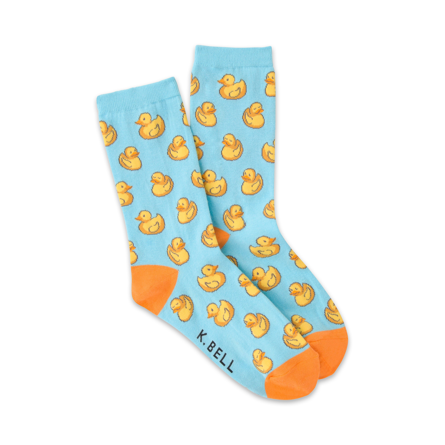 A pair of light blue crew socks with a repeating pattern of yellow rubber ducks.  The socks have orange cuffs.