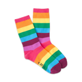 A pair of crew socks in a rainbow stripe pattern.  The colors are pink, orange, yellow, green, light blue, purple, and maroon.